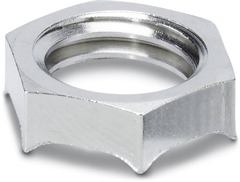 Sechskantmuttern aus silberfarbenem Metall, mit Gewinde innen. Hauptsächlich zum Befestigen von Schrauben auf Maschinen oder Bauwerken.