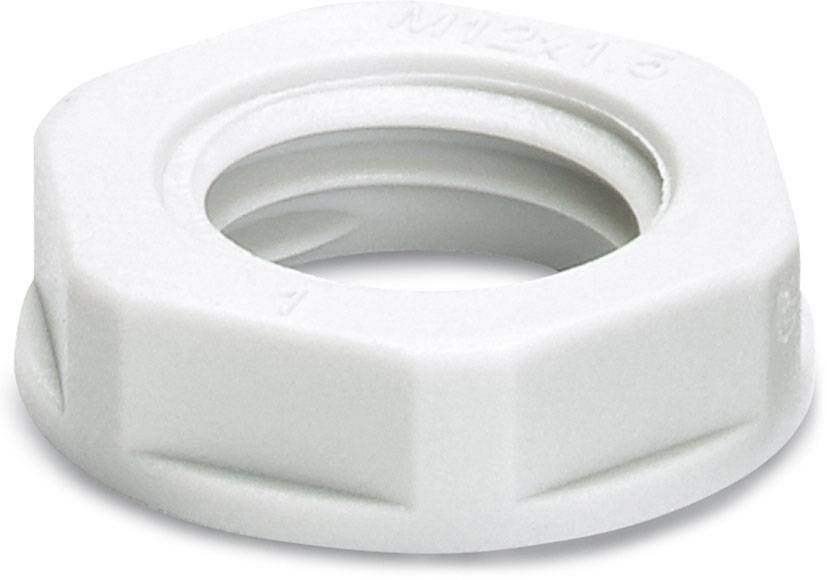 Eine weiße Kunststoff-Sechskantmutter mit der Aufschrift 'M12x1.5', geeignet für Befestigungsanwendungen.