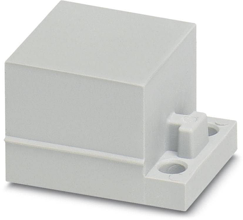 Grauer elektrischer Steckverbinder in würfelförmigem Gehäuse mit zwei Befestigungslöchern an der Basis.