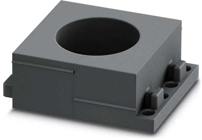 Eine quadratische, graue Kunststoffhalterung mit einer zentralen runden Öffnung und Montageschlitzen an der Basis.