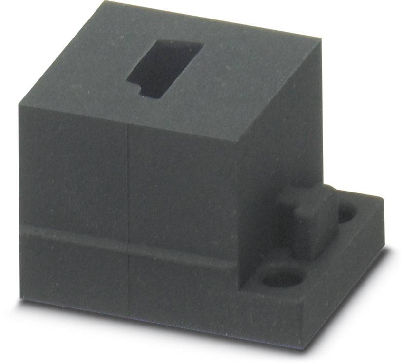 Schwarzer Kunststoffblock mit rechteckiger Öffnung und Befestigungslöchern unten.