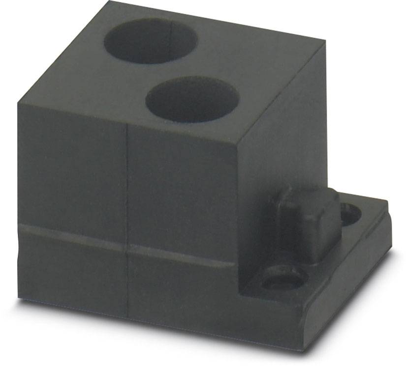Schwarzes Kunststoffgehäuse mit zwei runden Öffnungen oben, verwendet als Verbinder oder Stecker in elektronischen Anwendungen.