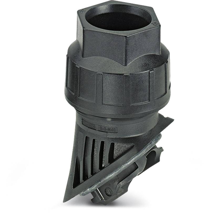 Ein schwarzes, industrielles Kunststoffbauteil mit geripptem Design und sechseckigem Anschluss. Es scheint Teil eines technischen Geräts zu sein.