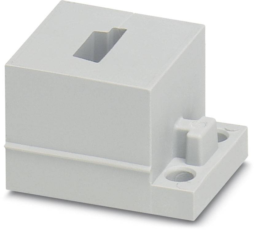 Grauer rechteckiger Kunststoffblock mit zentraler, eingekerbter Öffnung und Befestigungslöchern an der Basis.