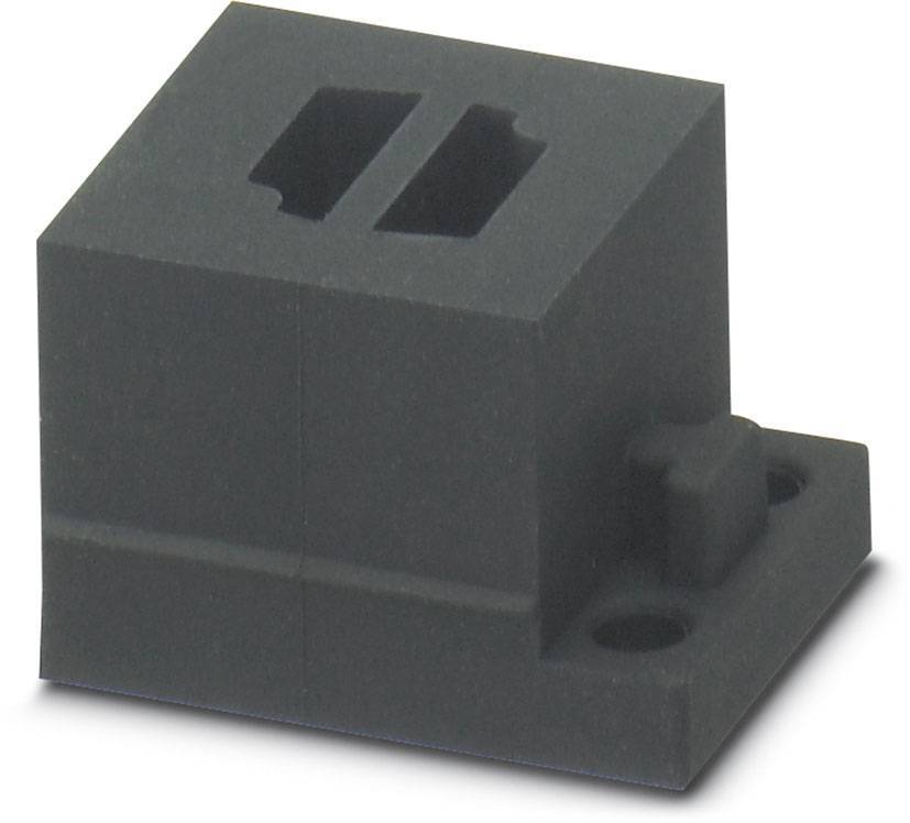 Ein schwarzer, rechteckiger Kunststoffblock mit zwei vertikalen Schlitzen und einer Halterung für Montagezwecke.