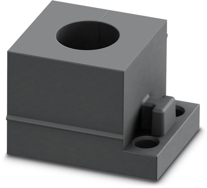Graues, quaderförmiges Kunststoffbauteil mit zentralem zylindrischem Loch und seitlicher Befestigungsfläche.