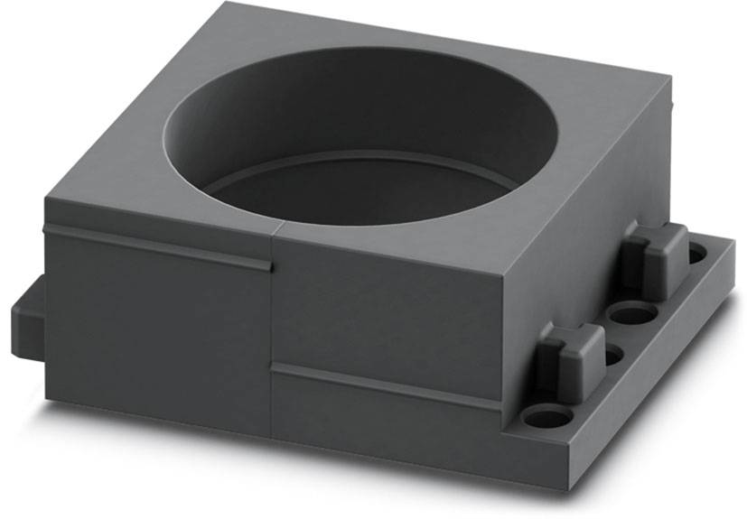 Graues Kunststoffgehäuse mit runder Öffnung, angedeuteten Schrauben. Zweck unbestimmt.