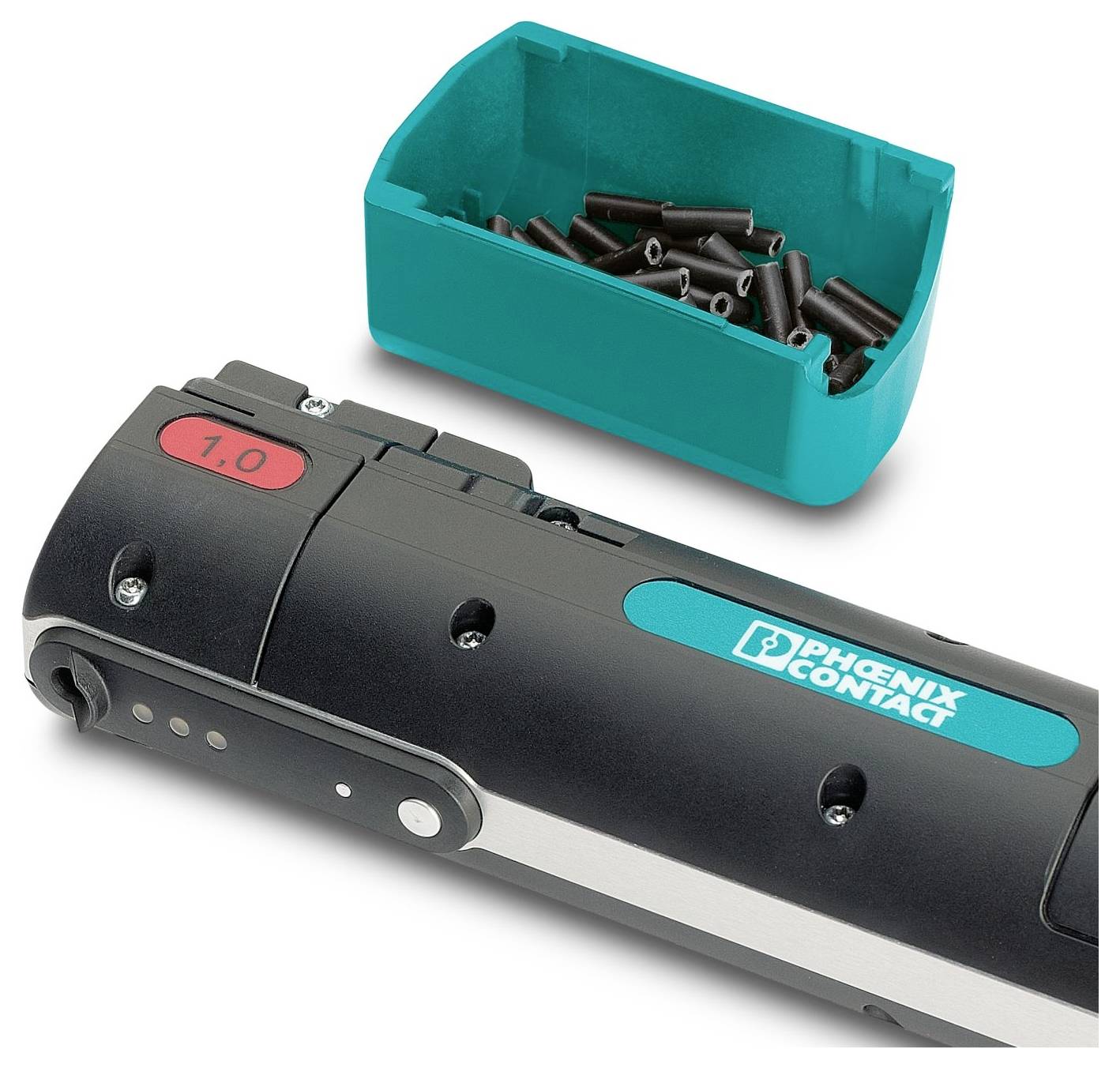 Black Phoenix Contact Elektrostecker-Werkzeug mit einem türkisfarbenen Teilen-Tablett, das kleine Stifte oder Kontakte hält