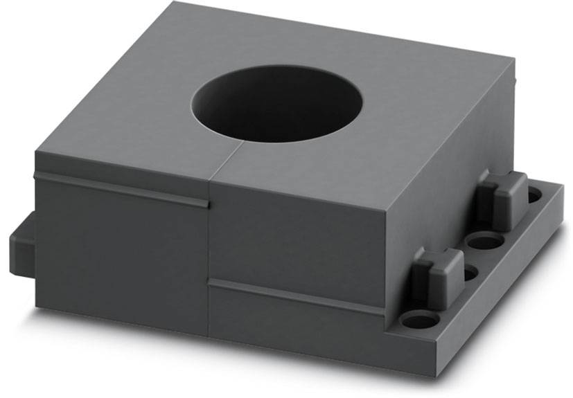 Elektrisches Bauteil in rechteckiger Form mit zentralem rundem Durchgangsloch. Es hat Steckplätze auf der Unterseite zur Befestigung.