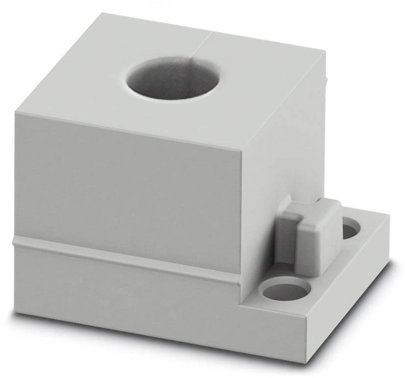 Ein graues, quadratisches Kunststoffbauteil mit einer zentralen runden Öffnung und einem seitlichen Befestigungsteil.