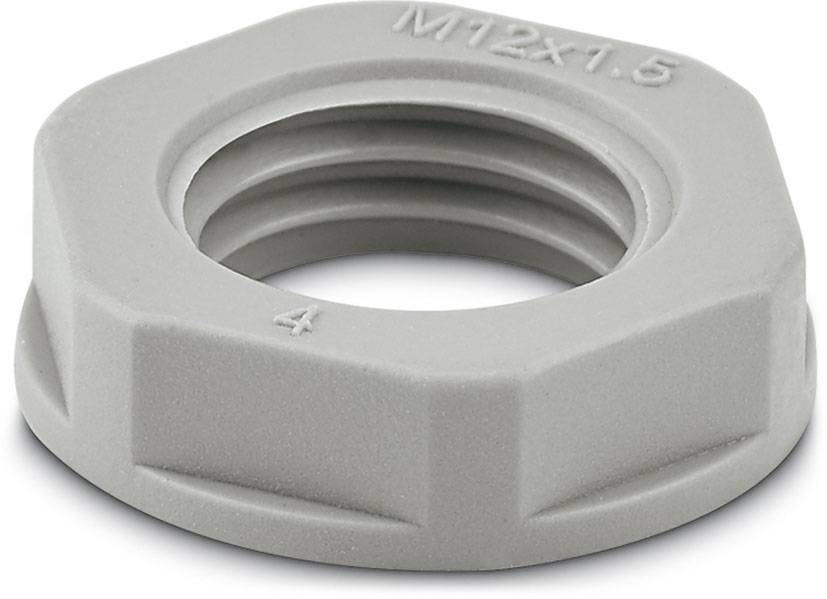 Graue Sechskantmutter mit Gewinde, Größe M12x1.5 eingeprägt, geeignet für industrielle Anwendungen.