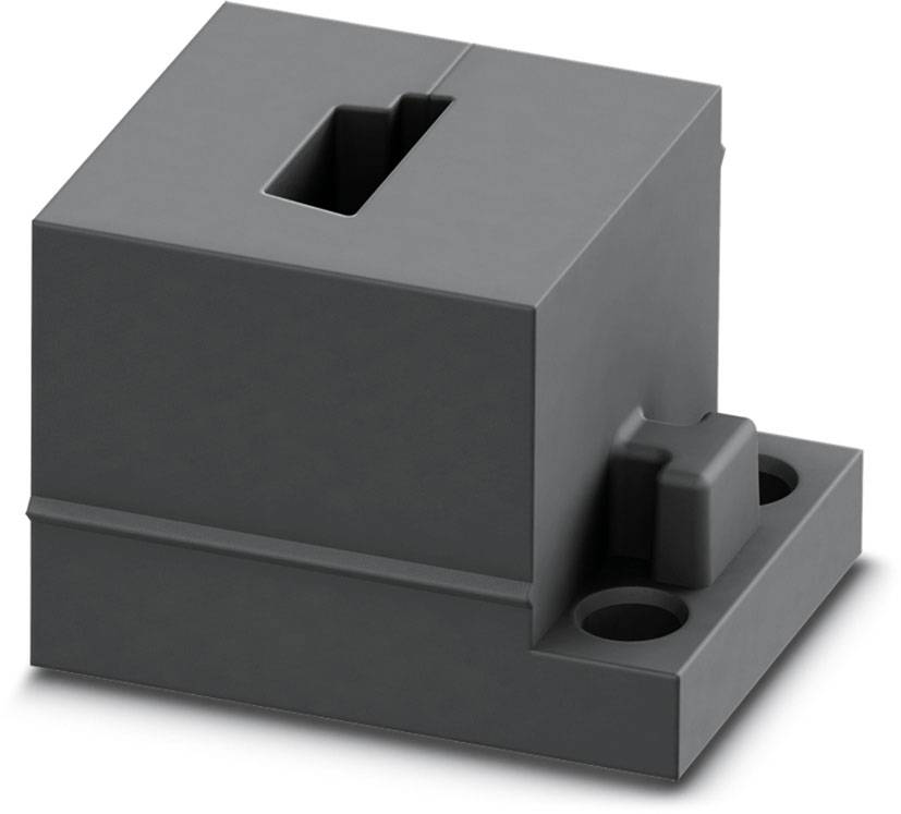 Schwarzes, quadratisches Kunststoffgehäuse mit zwei Schraubmontagebohrungen, geeignet für Elektromontage; keine Beschriftung.