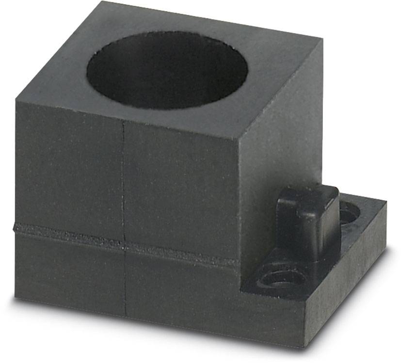 Schwarzes, kubisches Plastikbauteil mit rundem Loch und zwei Befestigungslöchern auf einer Seite.