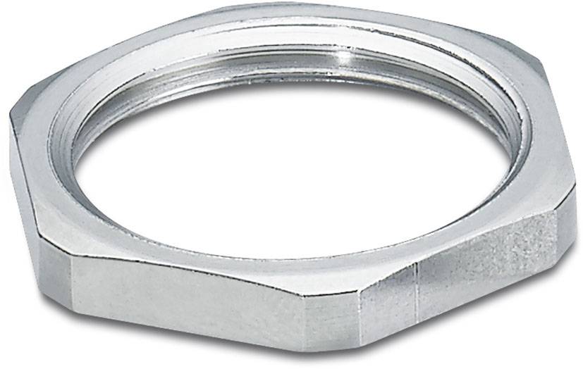 Ein silberfarbener sechseckiger Metallring, der als Mutter verwendet wird, liegt auf einer weißen Fläche.