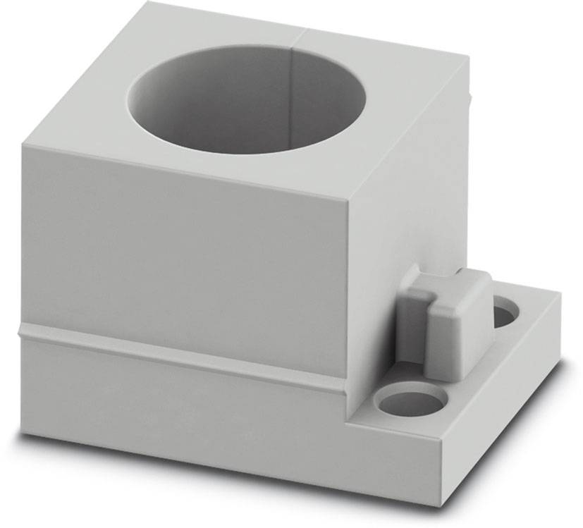 Grauer Kunststoffadapter mit rundem Hohlraum und zwei horizontalen Befestigungslöchern an der Basis. Wird zur Montage verwendet.