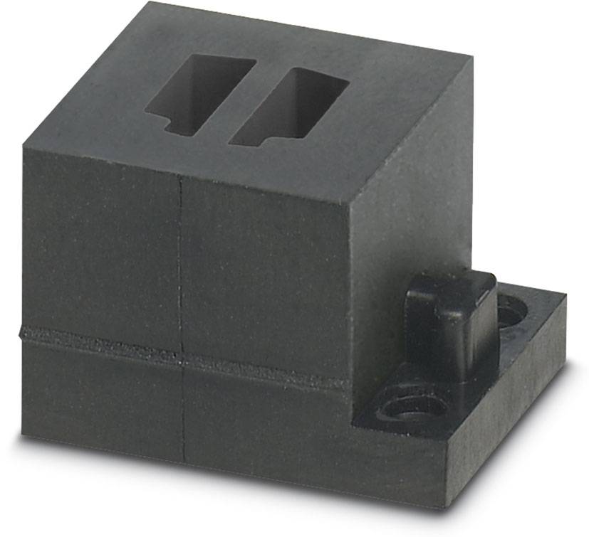 Schwarzer rechteckiger Kunststoffstecker mit zwei großen rechteckigen Öffnungen oben und Montageflansch an der Seite.
