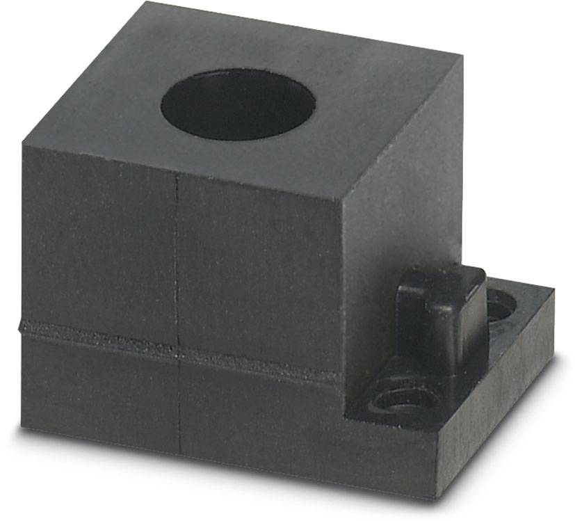 Schwarzer Kunststoffsensorhalter mit quadratischer Basis und zentraler runder Öffnung. Geeignet zur Befestigung von Sensoren.