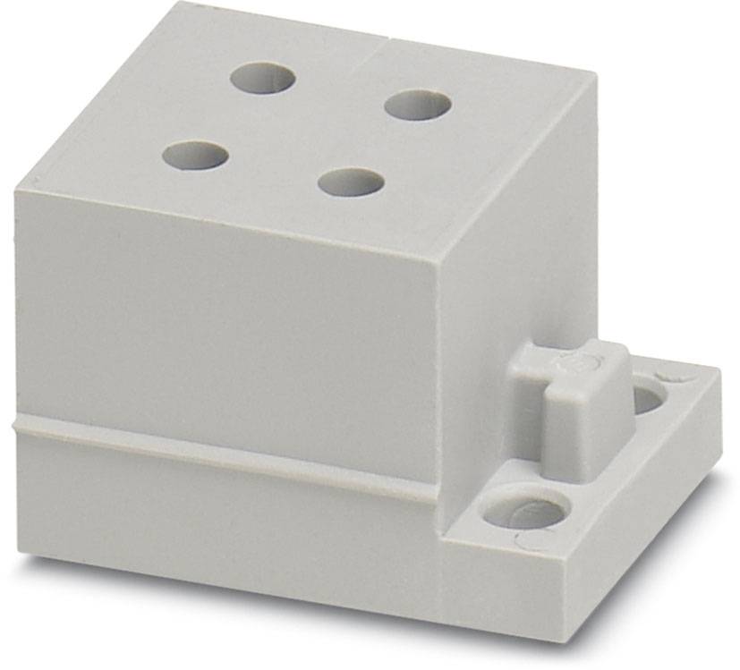 Graues Kunststoffgehäuse mit vier Löchern und zwei Befestigungsbohrungen, geeignet für elektronische oder mechanische Anwendungen.