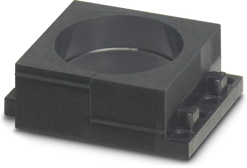 Kunststoffbauteil in Form eines quadratischen Gehäuses mit einem zentralen runden Ausschnitt, wahrscheinlich für industrielle Anwendungen.