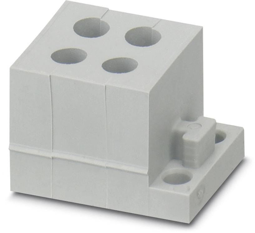 Ein grauer, rechteckiger elektrischer Steckverbinder mit vier Löchern an der Oberseite und zwei Befestigungsöffnungen an der Basis.