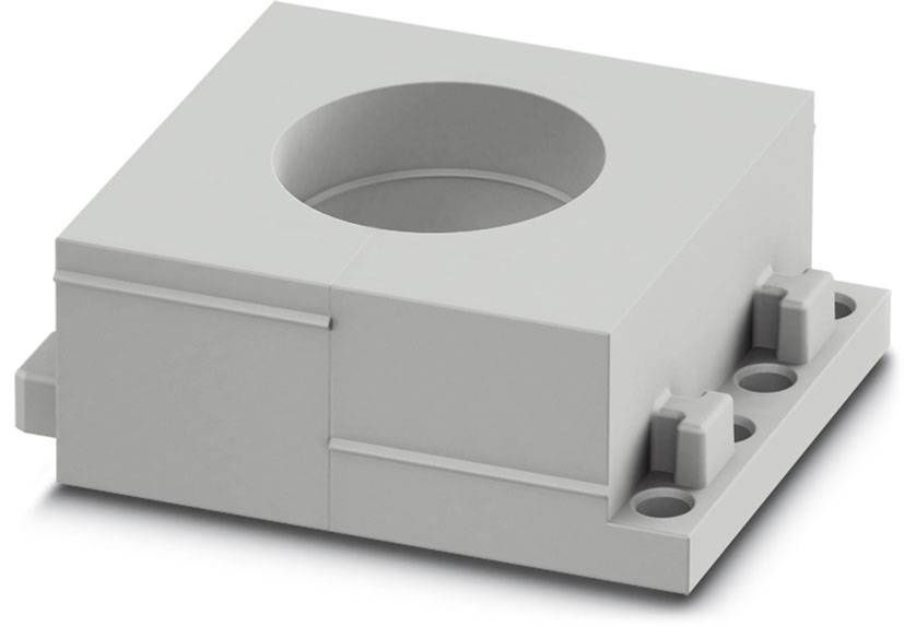 Grauer rechteckiger Kunststoffblock mit rundem Loch in der Mitte und drei kleinen zylindrischen Vertiefungen an der Seite.