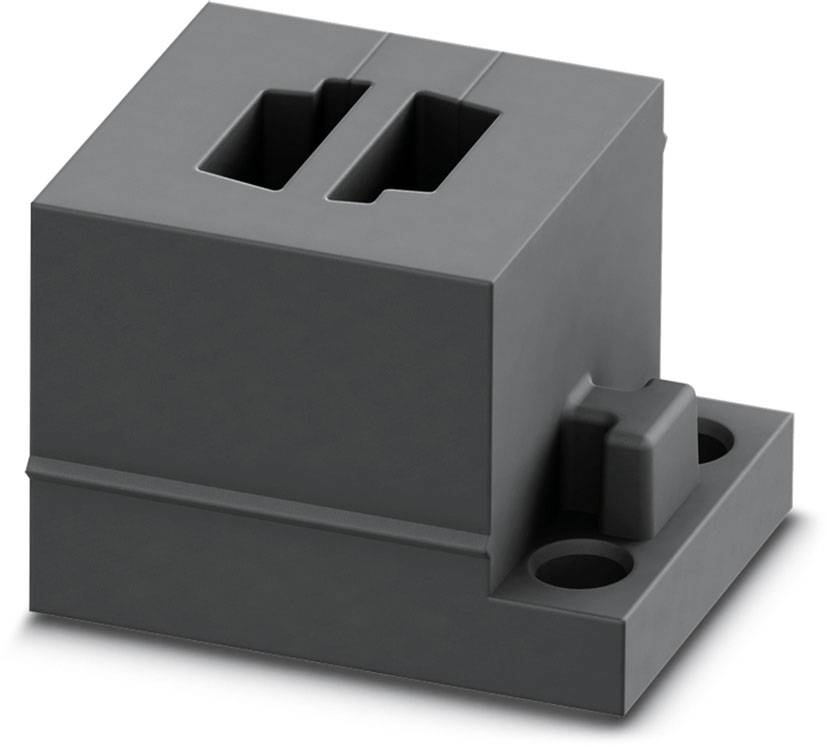 Ein kleiner, schwarzer Kunststoffblock mit zwei vertikalen Schlitzen und Befestigungslöchern. Möglicherweise ein elektrisches Bauteil.