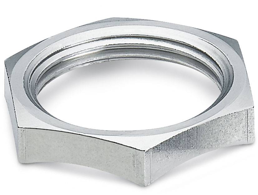 Sechskantmutter aus Metall, silberglänzend, perspektivisch dargestellt.