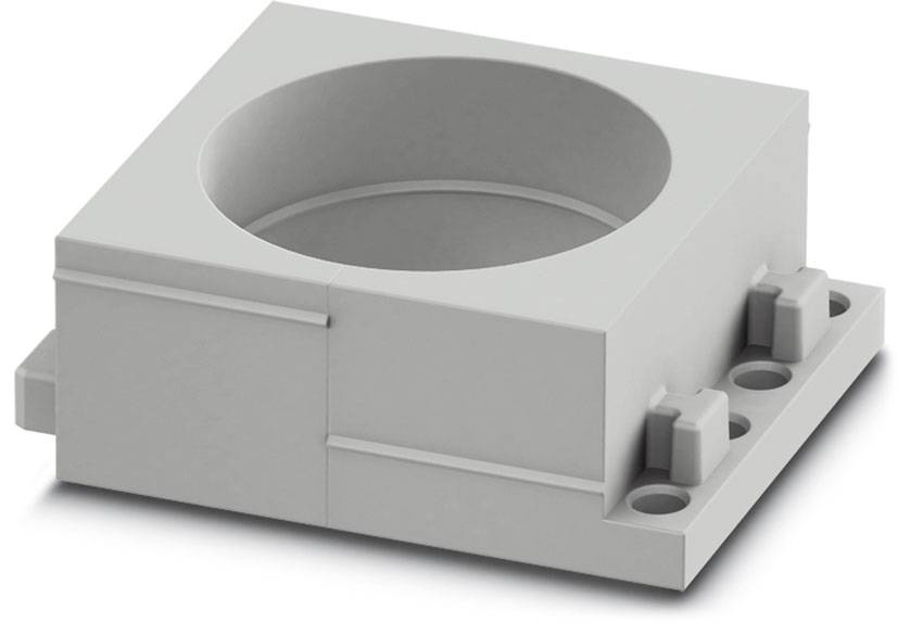 Graues quadratisches Kunststoffteil mit runder Vertiefung und seitlichen Befestigungslöchern.