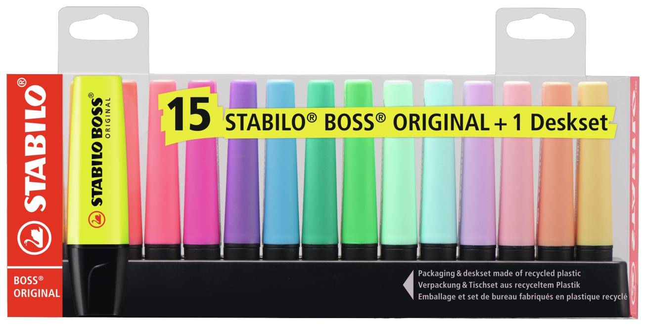 Packung mit 15 STABILO BOSS ORIGINAL Textmarkern in verschiedenen Farben, inklusive 1 Deskset. Verpackung ist aus recyceltem Plastik.