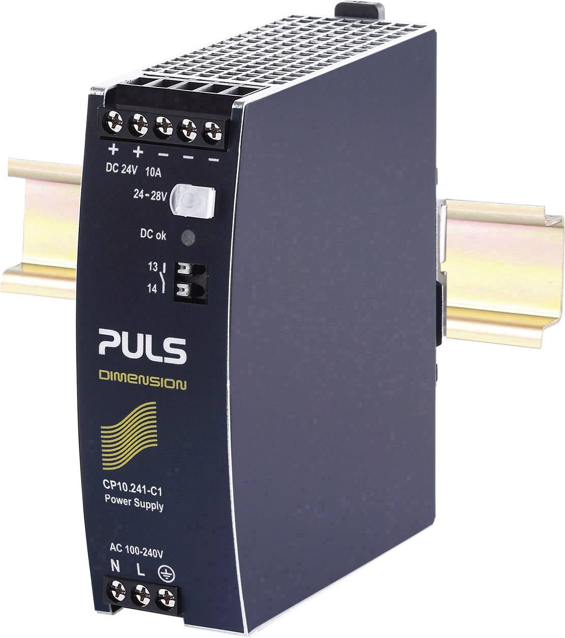 Ein schwarzes Netzteil auf Hutschiene montiert. Aufschrift: 'PULS DIMENSION'. Anzeigeleuchten für DC-Spannung und Status.