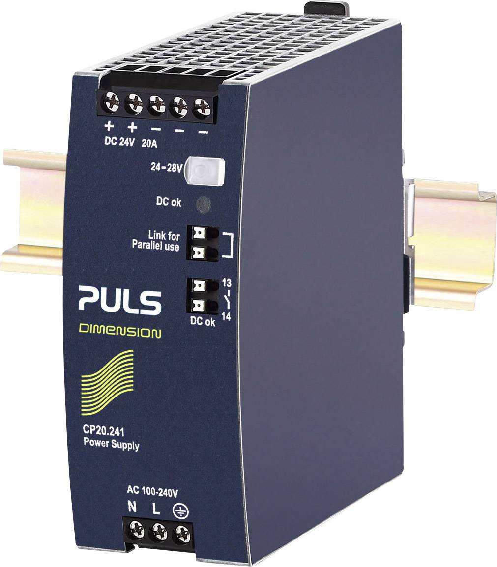 Stromversorgungseinheit von PULS auf einer Hutschiene montiert. Zeigt Anschlüsse für Eingang 100-240V AC und Ausgang 24-28V DC, 20A.