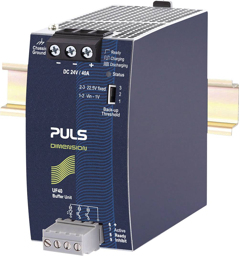 'PULS Dimension UF40' Puffer-Modul für Hutschienenmontage, zeigt LED-Statusanzeigen und Anschlussklemmen, Designs für industrielle Anwendungen.