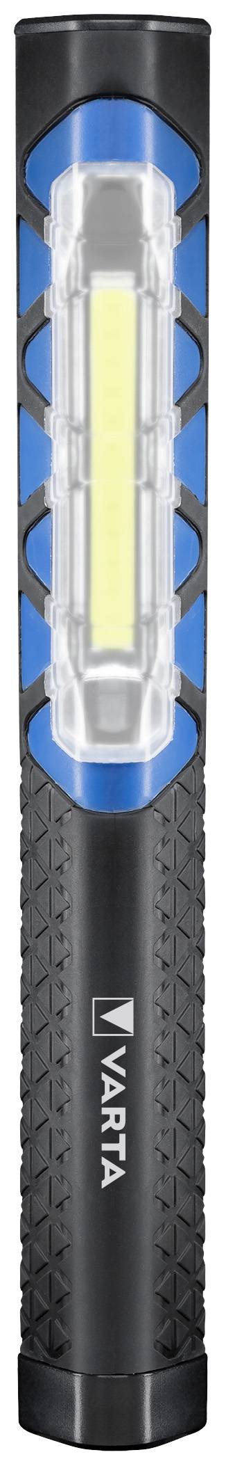 Eine schwarze und blaue Taschenlampe mit LED-Leuchte, vertikal ausgerichtet, zeigt das Markenlogo 'Varta' auf dem Griff.
