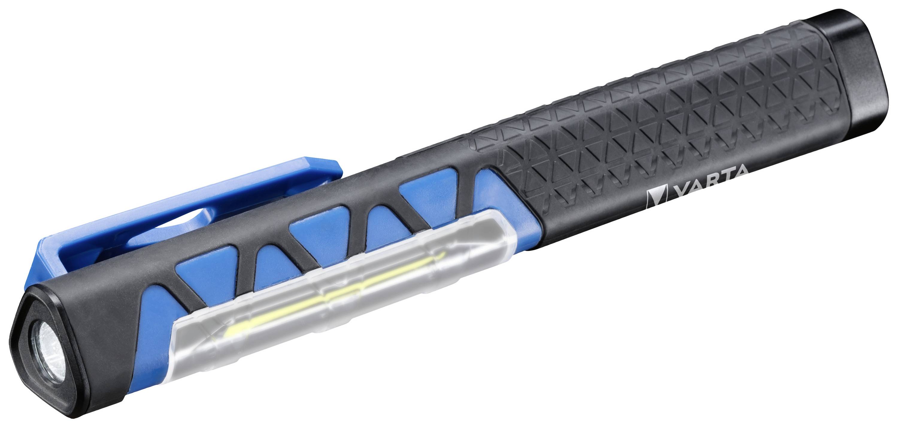 Schlanke, schwarze Stiftlampe mit blauen Akzenten und Clip, eignet sich für präzise Beleuchtung und tragbares Design.