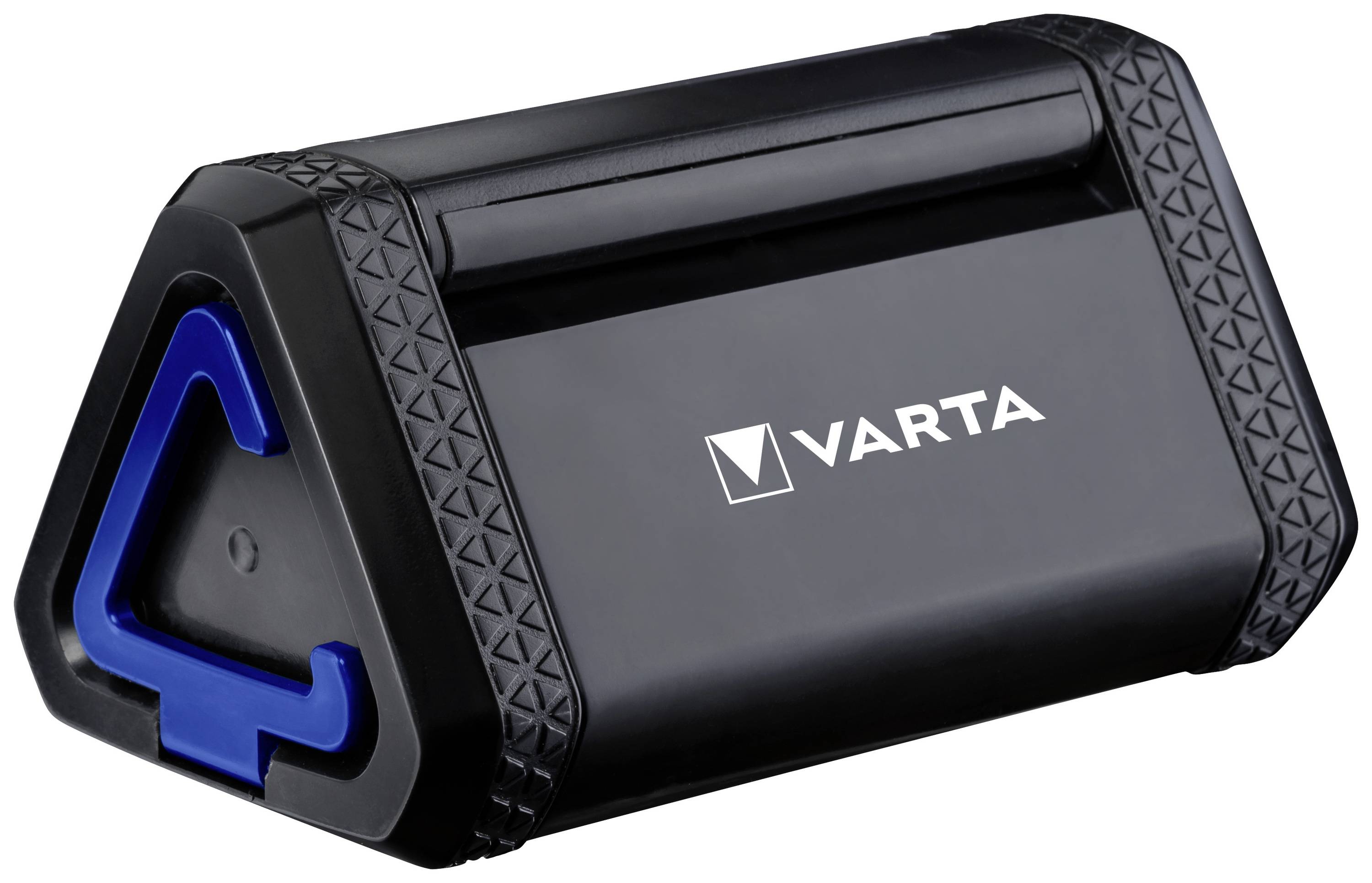 Dreieckiger, schwarz-blauer Batterietester von Varta, zeigt den Füllstand von AA, AAA und 9V-Batterien an.