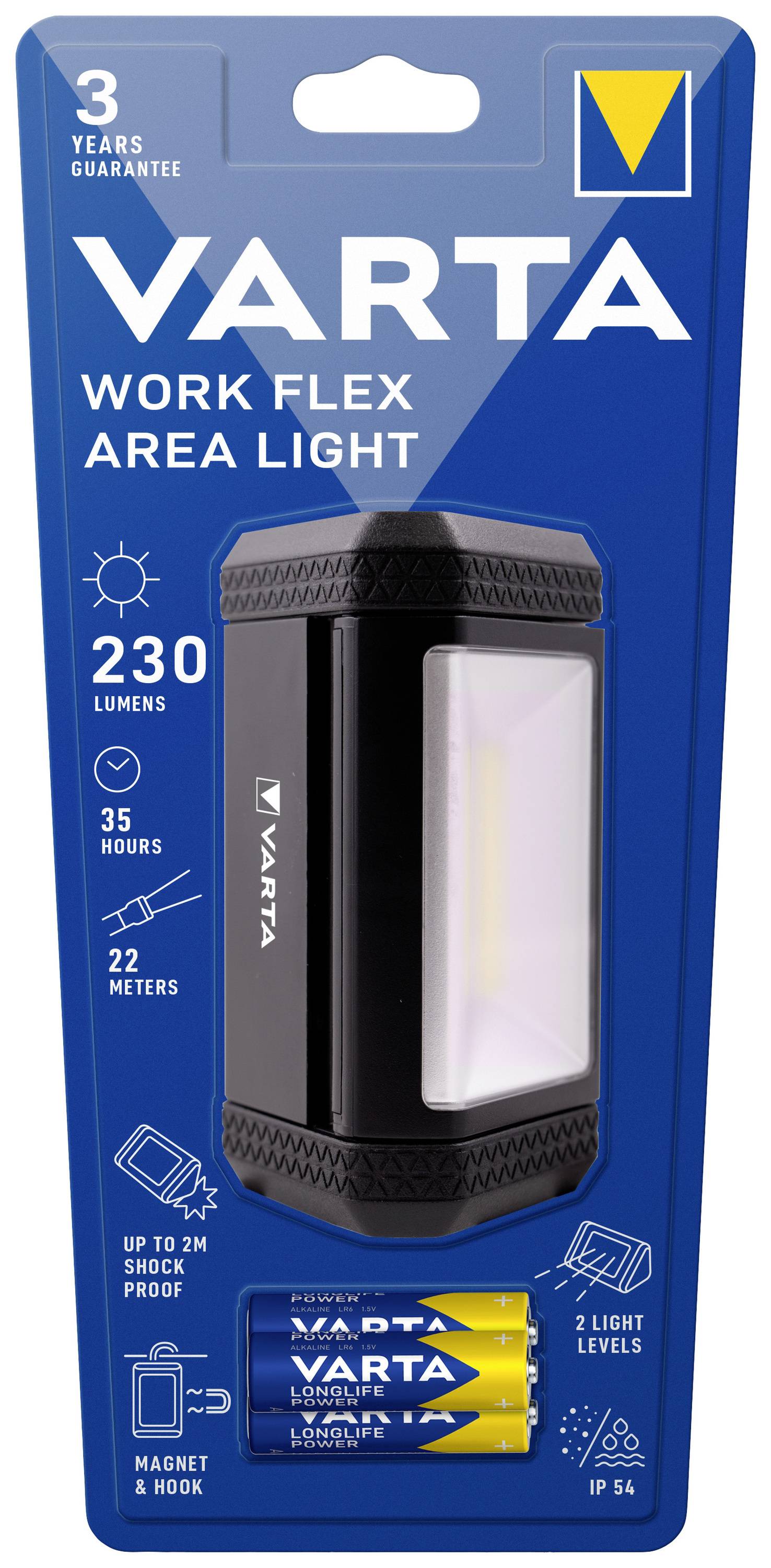 Verpackung einer VARTA 'Work Flex Area Light', 230 Lumen, 35 Stunden Leuchtdauer, Reichweite 22 Meter. Inkl. Batterien, IP54 wasserfest.