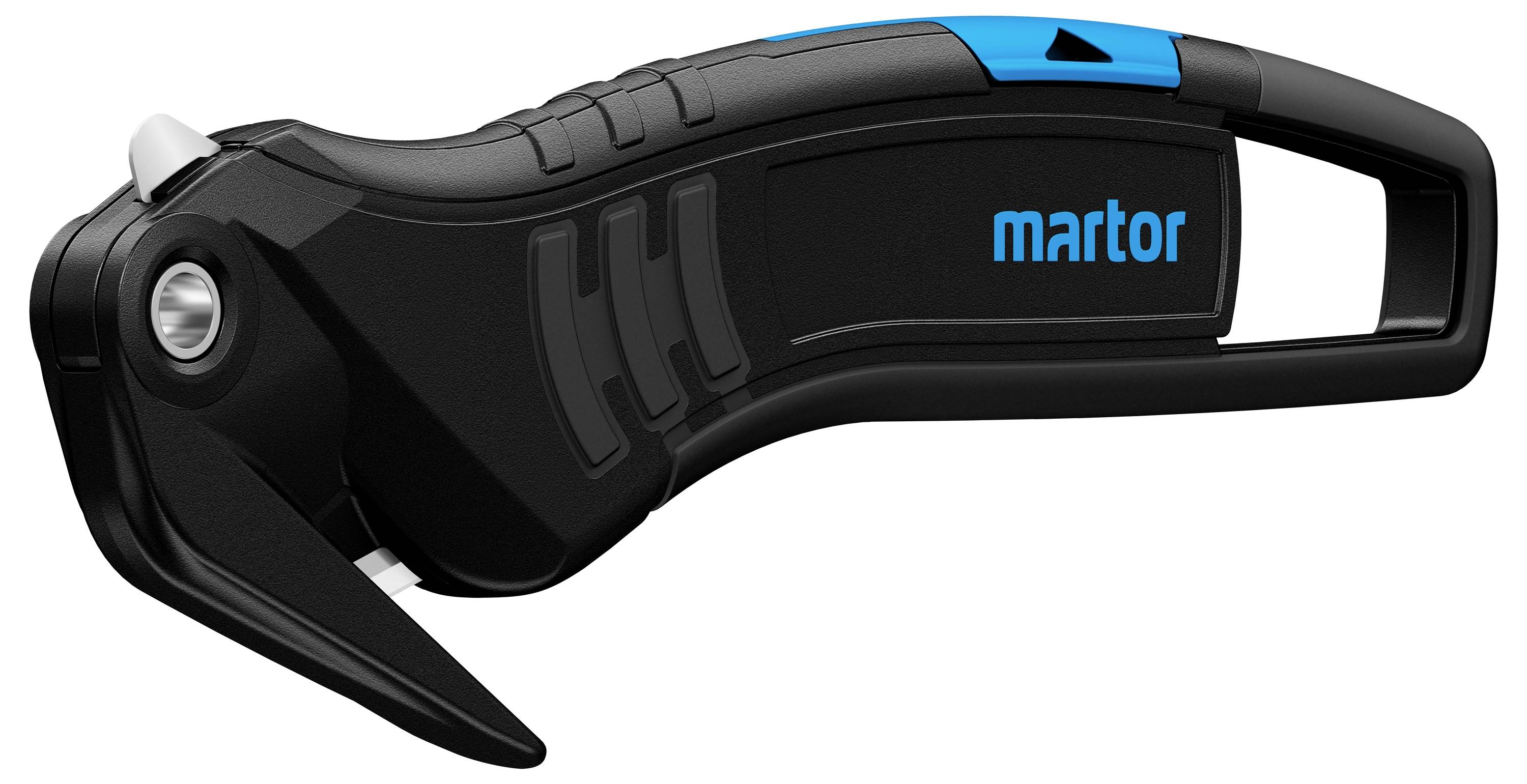 Ein schwarzes Sicherheitsmesser mit blauem Akzent und ergonomischem Griff, geeignet zum sicheren Schneiden verschiedener Materialien.