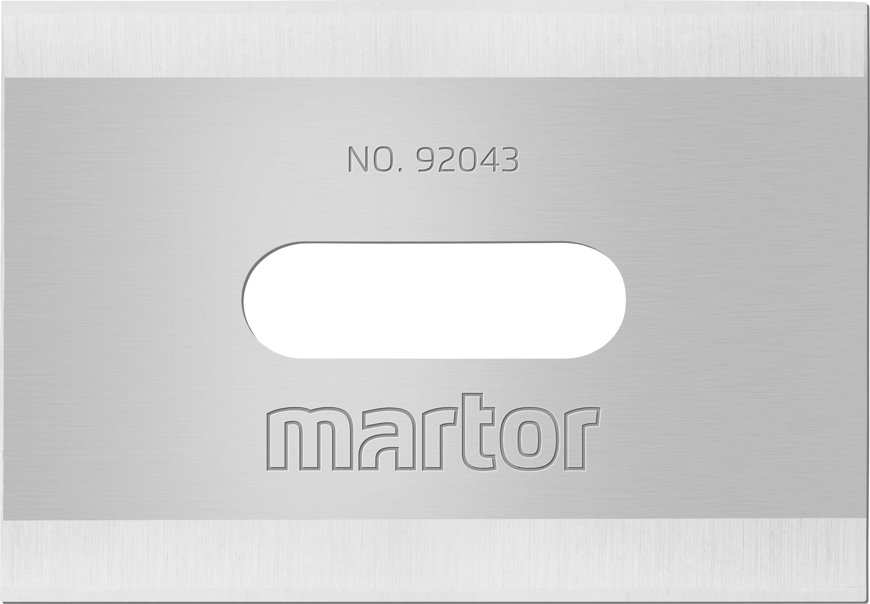 Rasierklinge mit der Aufschrift 'martor' und Nummer '92043' in der Mitte. Rechteckige Form mit abgerundeter Öffnung.