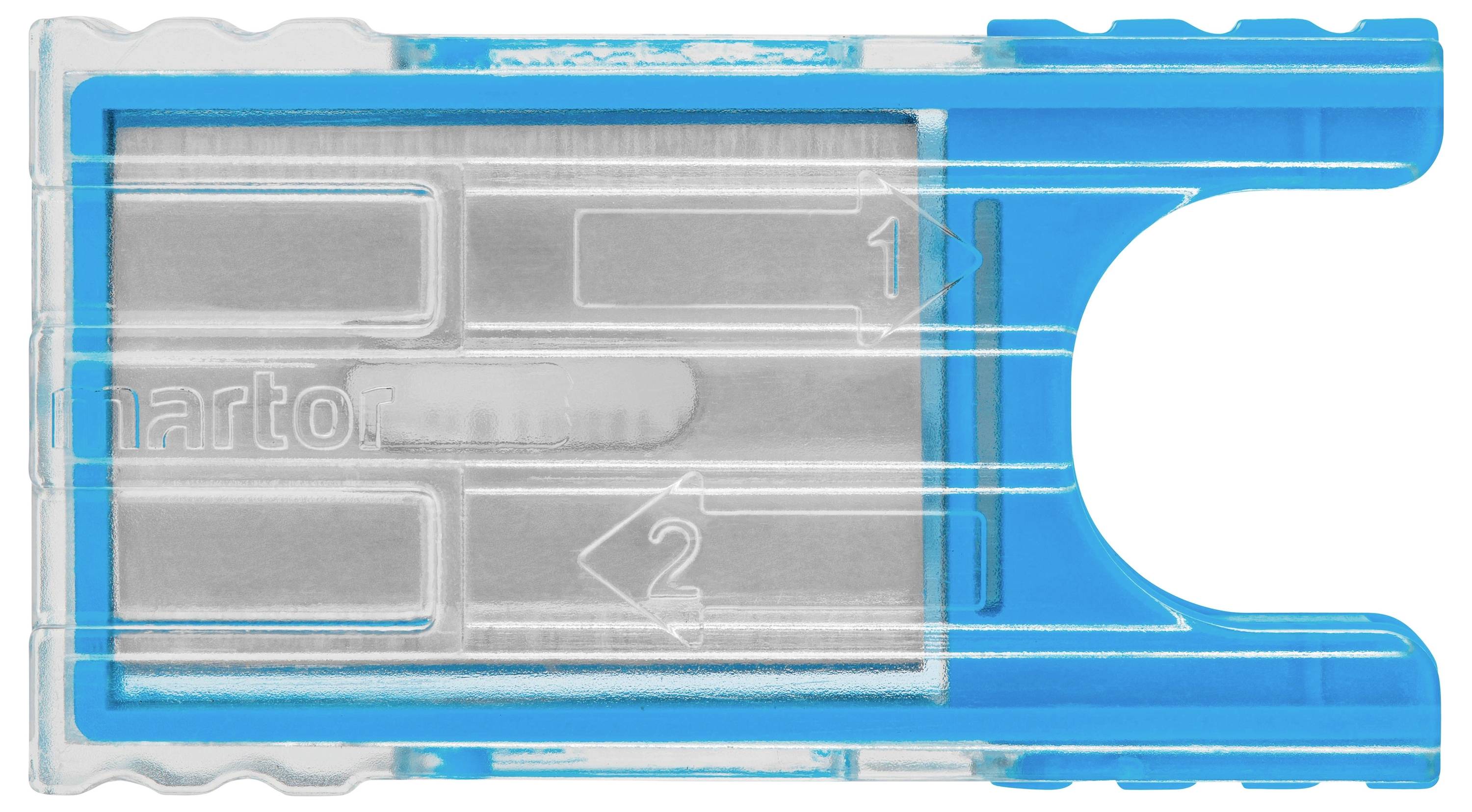 Ein blauer Anspitzer mit zwei Löchern, gekennzeichnet mit den Zahlen '1' und '2', geeignet für verschiedene Stiftgrößen.