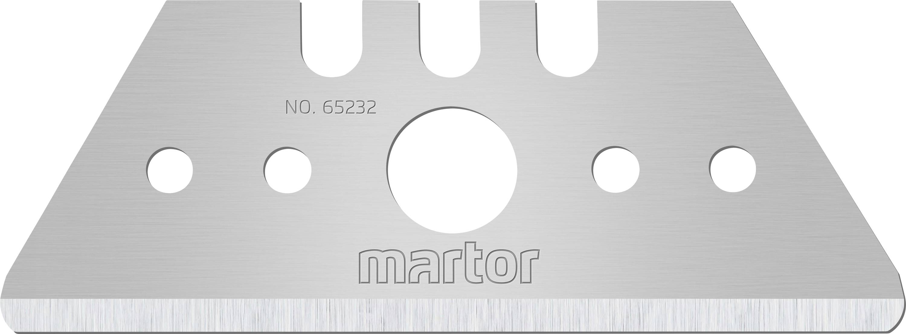 Ein silbernes Dreiecksklingenmesser von Martor, Modellnummer 65232, mit mehreren Löchern und glatter Schneidekante.