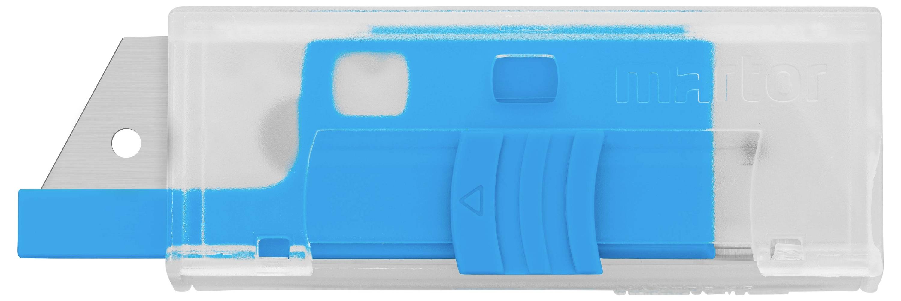 Ein blauer Sicherheitsschneider mit ausfahrbarer Klinge und Kunststoffgriff. Geeignet für Verpackungen und Papier.