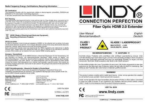 Lindy Hdmi 2.0 4k60 Extender Lwl 200m