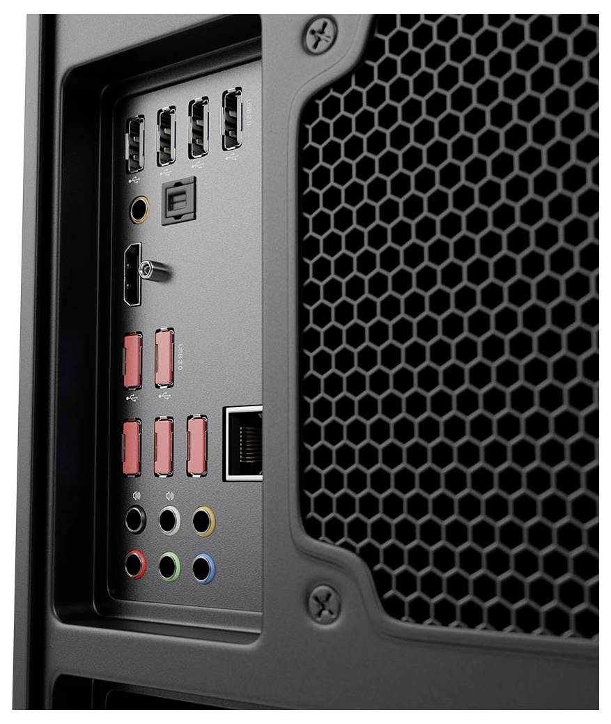 Nahaufnahme einer Laptopecke mit der Tastatur, dem Lautsprechergitter und seitlichen Anschlüssen, einschließlich eines USB-C-Anschlusses mit blauem Einsatz.