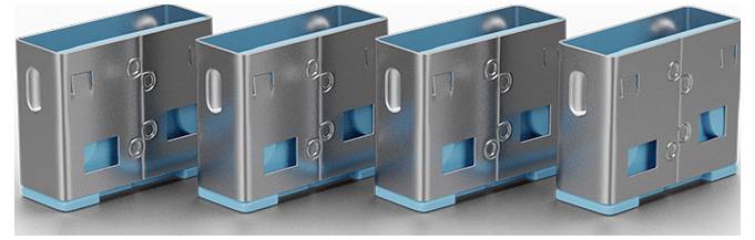 Vier silber-blaue Industrie-Schrankmodule in einer Reihe angeordnet, jedes mit einem kleinen Frontalfenster und Griff, perspektivisch auf weißem Hintergrund dargestellt.
