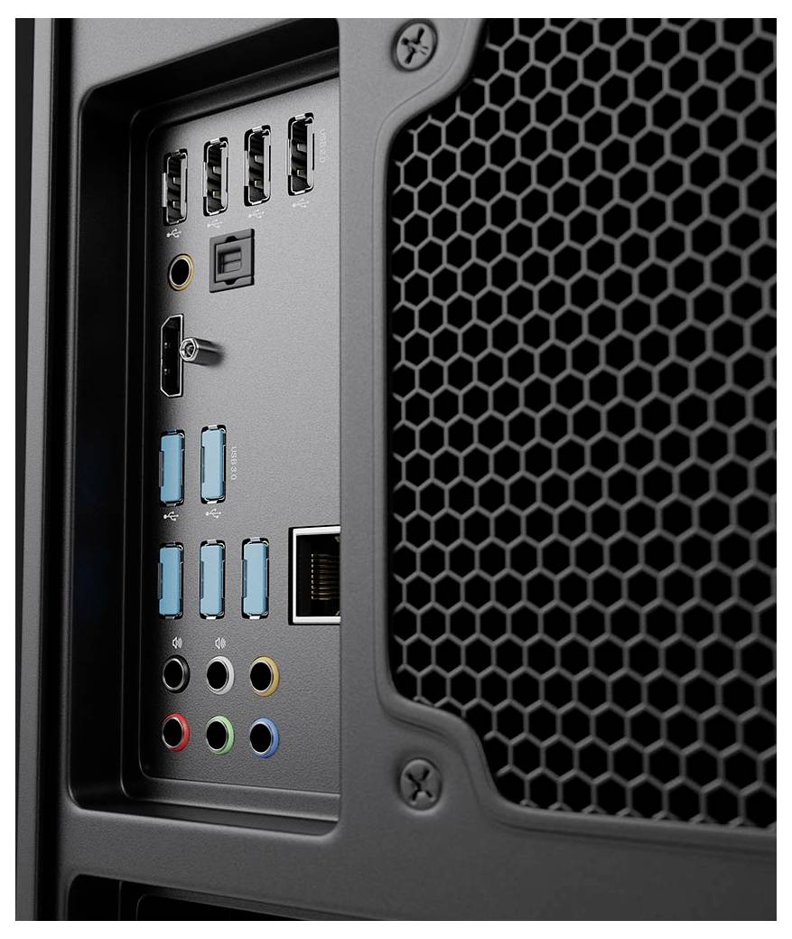 Nahaufnahme der Rückseite eines Desktop-Computer-Gehäuses mit USB-Anschlüssen, Audiobuchsen, Ethernet-Anschluss und einem Belüftungsgitter.