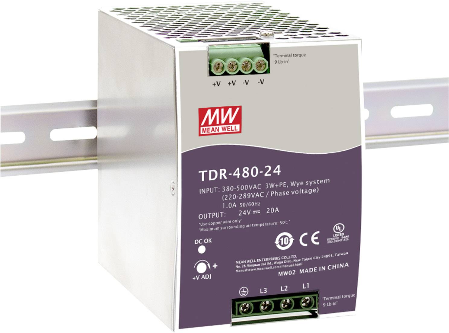Industrie-Netzteil von Mean Well, Modell TDR-480-24. Eingang: 380-500VAC, Ausgang: 24V, 20A. Befestigt auf Hutschiene.
