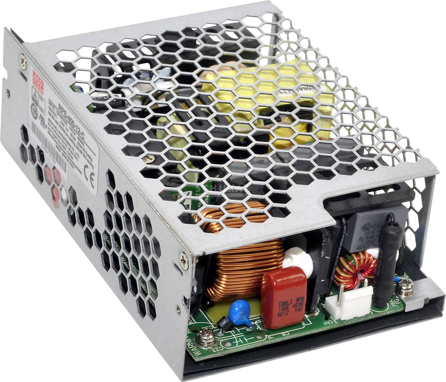 Ein Schaltnetzteil mit metallischem Wabengittergehäuse, sichtbaren elektronischen Bauteilen und Anschlussklemmen auf der Seite.