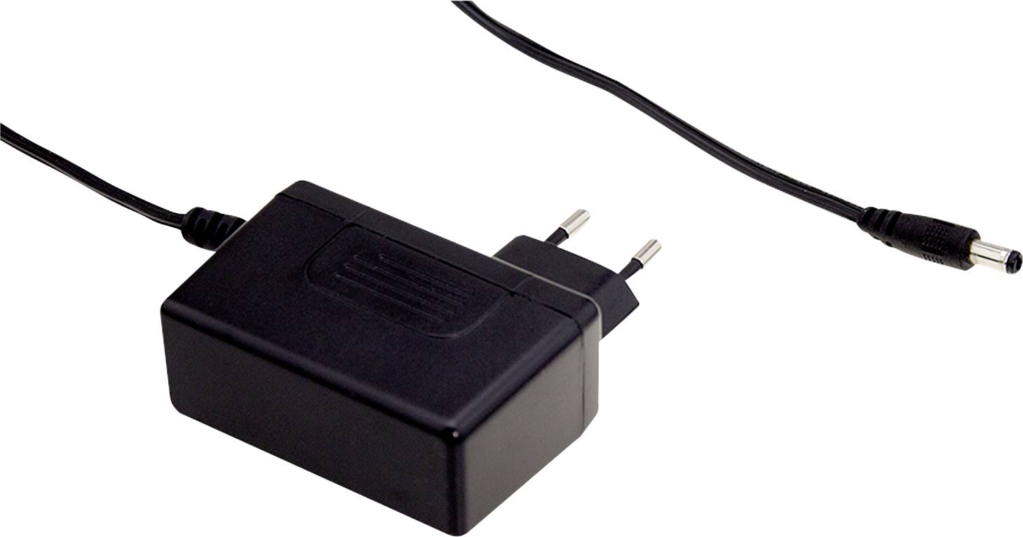 Schwarzes Netzteil mit europäischem Stecker und dünnem Kabel, geeignet zum Aufladen oder Versorgen von elektronischen Geräten.