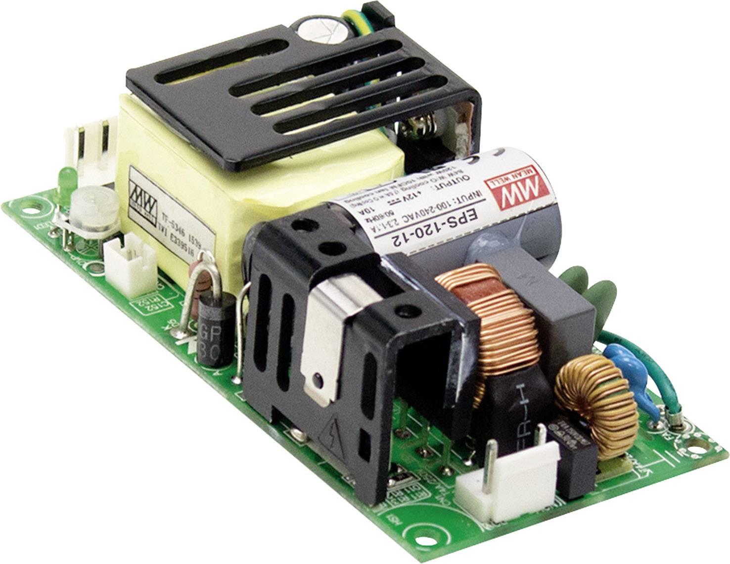 Eine elektronische Leiterplatte mit verschiedenen Komponenten wie Transformator, Kondensator und Spule, dargestellt auf einer grünen Platine.