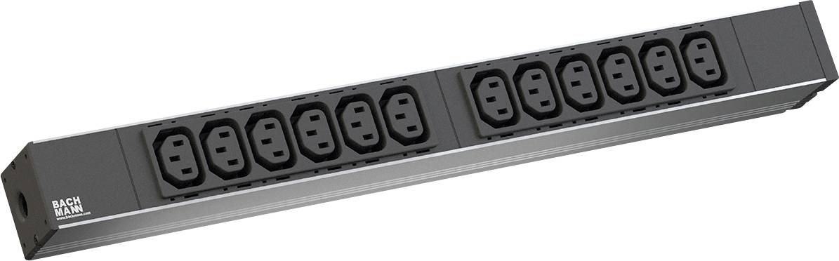 Eine schwarze Stromverteilungseinheit mit mehreren Elektrosteckdosen, konzipiert für die Montage in Serverracks oder Rechenzentren.